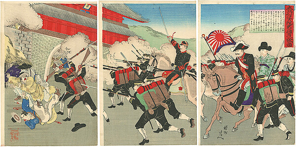 ▲ 일본군이 서기1894.07.21(양력) 경복궁을 기습접령하고 고종을 포로로 잡아 친일파 내각을 세웠다. 이때 대원군을 내세워 진행하였다. 위 그림은 경복궁 점령과 흥선대원군을 입궁시키는 일본군의 모습.